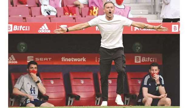 Spainu2019s coach Luis Enrique gestures during the friendly match against Portugal in Madrid on June 4, 2021. (AFP)