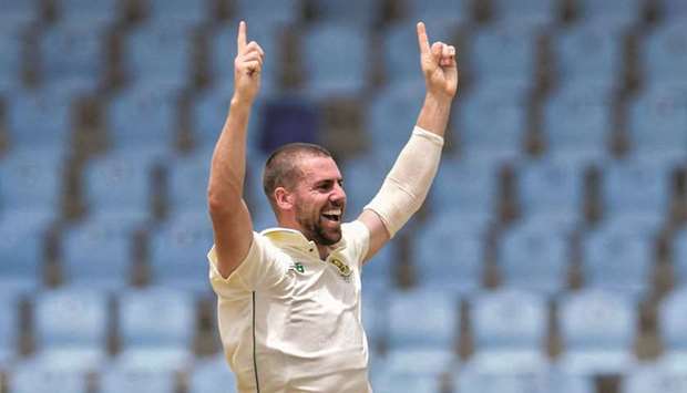 Anrich Nortje of South Africa celebrates after taking the wicket of Kraigg Brathwaite of West Indies during the first Test in Gros Islet. (AFP)