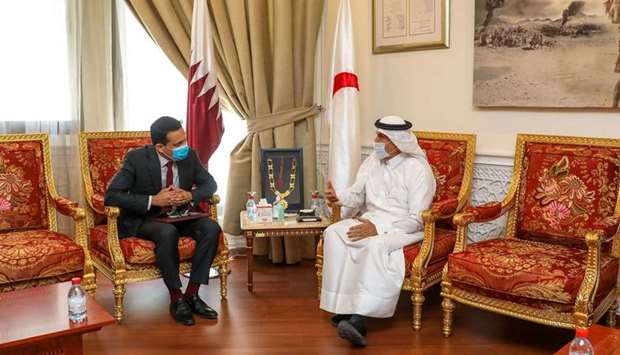 Ali bin Hassan Al-Hammadi, Secretary-General of Qatar Red Crescent Society (QRCS) meets with  Mohamed Mafaz Mohideen, Ambassador of Sri Lanka to Doha