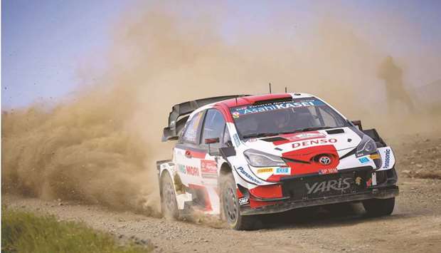 British driver Elfyn Evans and co-driver Scott Martin in their Toyota Yaris during the Rally of Portugal in Matosinhos.