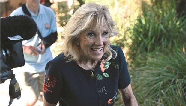 US First Lady Jill Biden smiles during a visit to meet veterans, first responders, and family members of Bude Surf Veterans, on the sidelines of the G7 summit, in Newlyn, Cornwall.