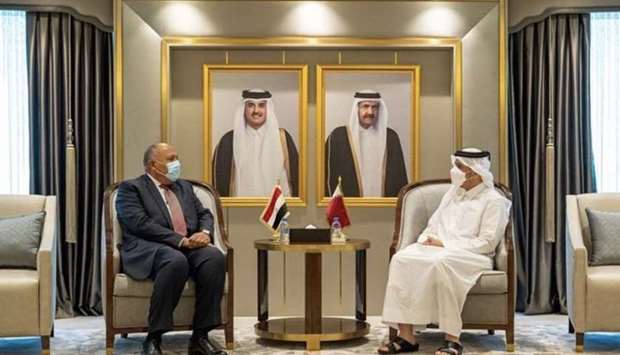 HE the Deputy Prime Minister and Minister of Foreign Affairs Sheikh Mohammed bin Abdulrahman Al-Thani meets with HE the Minister of Foreign Affairs of the Arab Republic of Egypt Sameh Shoukry