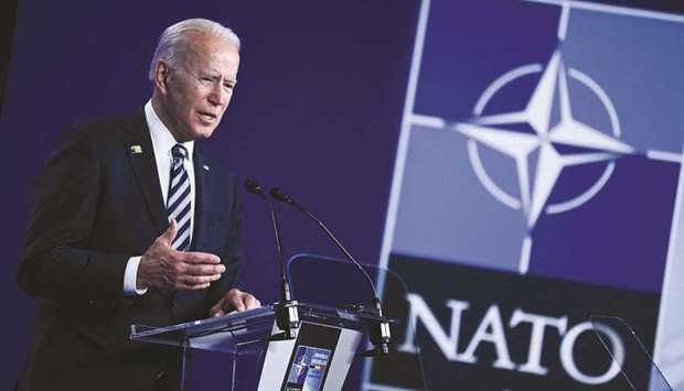 US President Joe Biden speaks during a press conference after the Nato summit at the North Atlantic Treaty Organisation (Nato) headquarters in Brussels yesterday. (AFP)