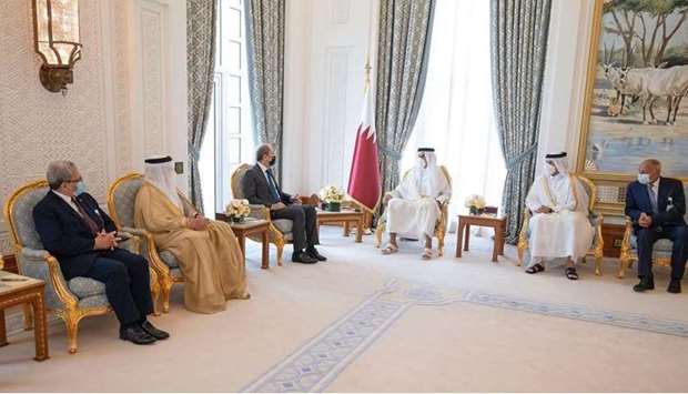 His Highness the Amir Sheikh Tamim bin Hamad Al-Thani meets with the Secretary-General of the Arab League Ahmed Aboul Gheit and Their Excellencies the foreign ministers and heads of delegations