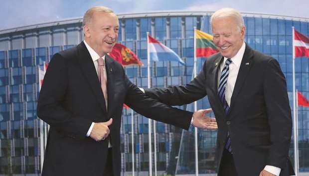 Turkish President Tayyip Erdogan meets with US President Joe Biden on the sidelines of the Nato summit in Brussels, yesterday.