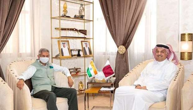 HE the Deputy Prime Minister and Minister of State for Defense Affairs Dr. Khalid bin Mohamed Al Attiyah meets with the Minister of External Affairs of the Republic of India Dr. Subrahmanyam Jaishankar