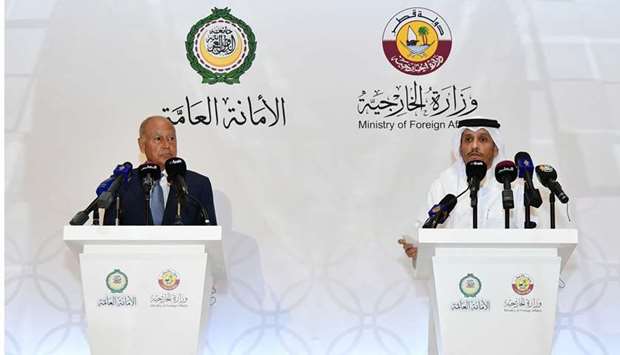 HE Sheikh Mohamed and Arab League Secretary General Ahmed Aboul Gheit briefing the media about the deliberations of the ministers' meeting in Doha on Tuesday