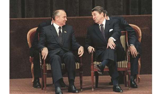 BLAST FROM THE PAST: In this file photo taken on November 21, 1985 US president Ronald Reagan talks to Soviet general secretary of the Communist Party of the Soviet Union Mikhail Gorbachev during a two-day summit in Geneva. (AFP)