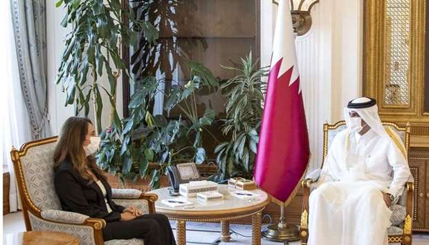 HE the Prime Minister and Minister of Interior Sheikh Khalid bin Khalifa bin Abdulaziz Al-Thani meets with the Deputy Prime Minister, Minister of Defense and Acting Minister of Foreign Affairs and Expatriates of the Lebanese Republic Zeina Aker