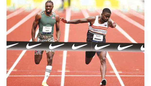In this April 24, 2021, picture, Trayvon Brommell (right) beats Noah Lyles in the USATF Grand Prix 100m final at Hayward Field in Eugene, Oregon, United States. (AFP)
