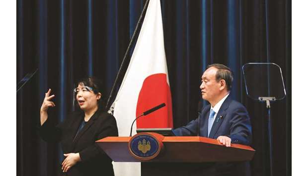Japanese Prime Minister Yoshihide Suga attends a news conference on Japanu2019s response to the coronavirus disease (COVID-19) outbreak, at his official residence in Tokyo yesterday.