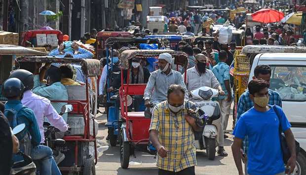 A general view of a crowded market is pictured after the authorities eased a lockdown imposed as a preventive measure against the Covid-19 coronavirus, in New Delhi