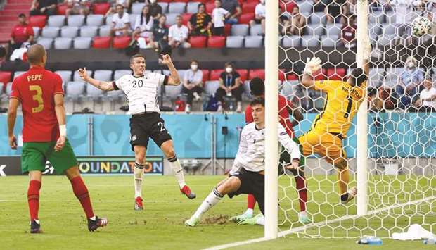Germanyu2019s Robin Gosens (second from left) scores the teamu2019s fourth goal during the UEFA Euro 2020 Group F match against Portugal in Munich, Germany, yesterday. (Reuters)