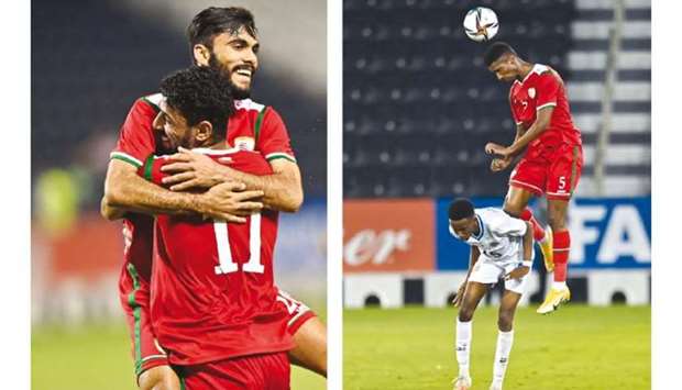 Omanu2019s scorers Muhsen al-Ghassani (11) and Salah al-Yahyaei celebrate at the Sheikh Jassim Bin Hamad Stadium. At right, a piece of action from the match.