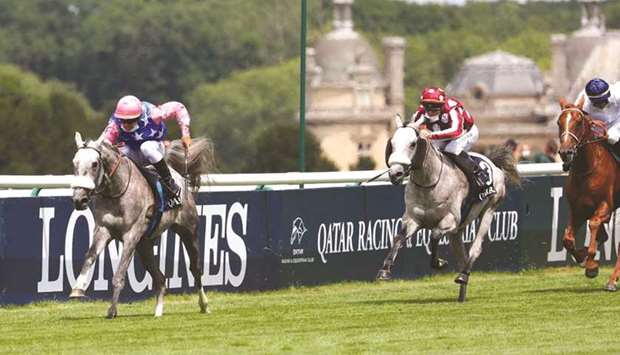 Maxime Guyon (left) rides Hoggar de l'Ardus to victory in the Qatar Derby des Pur-Sang Arabes de 4 Ans (Group 1 PA) in Chantilly, France, on Sunday. (Zuzanna Lupa)