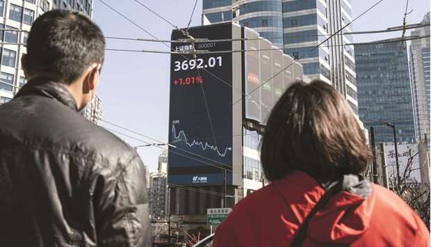 Pedestrians walk past a screen displaying the SSE Composite Index in Shanghai (file). The Composite closed 0.1% up at 3,529.18 points yesterday.