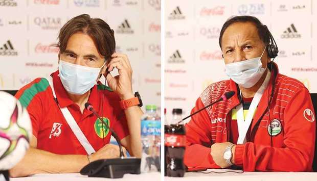 Mauritania coach Corentin Martins and Yemen coach Mohamed Ali Guacem (right) address a press conference on the eve of the FIFA Arab Cup Qatar 2020 Qualification match.