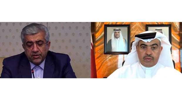 HE the Minister of Commerce and Industry and Acting Minister of Finance Ali bin Ahmed Al Kuwari holds a meeting  via video conferencing with the Minister of Energy of Iran Reza Ardakanian