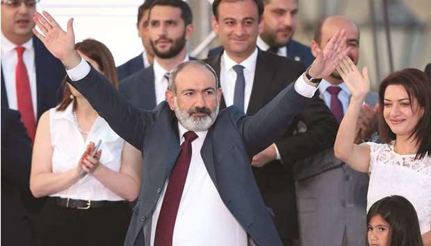 Prime Minister and leader of Civil Contract party Nikol  Pashinyan attends a rally after snap parliamentary election in Yerevan, Armenia, on Monday. (Reuters)