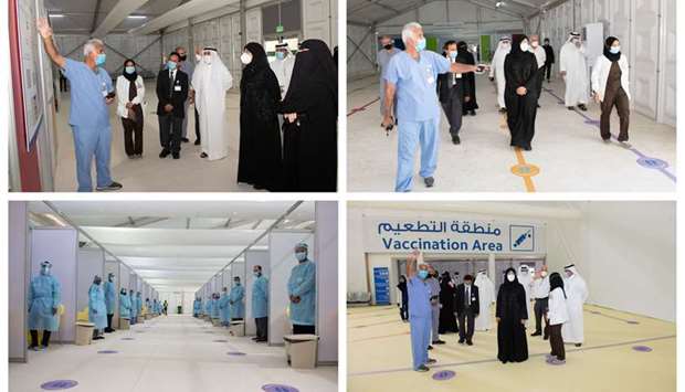 HE Dr Hanan Mohamed al-Kuwari with other officials during the visit to the new Qatar Vaccination Centre u2013 for Business and Industry Sector on Tuesday.