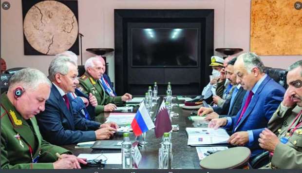 HE the Deputy Prime Minister and Minister of State for Defence Affairs Dr Khalid bin Mohamed al-Attiyah meets with Russian Defence Minister Sergey Shoygu
