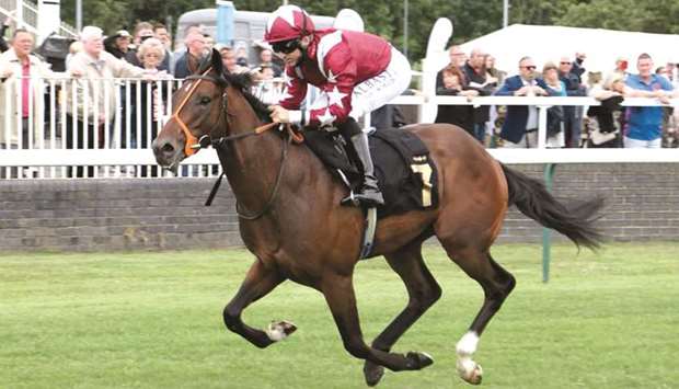 Pat Dobbs rides South Audley to victory in the racingtv.com Restricted Maiden Stakes in Nottingham, England. (Mick Atkins)