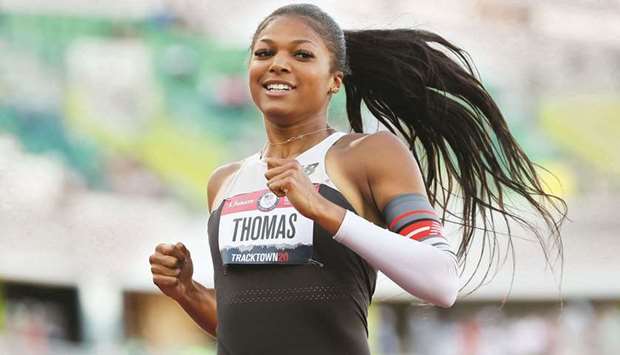 Gabby Thomas reacts after competing in the first round of the 200m dash at the US Olympic trials in Eugene, Oregon.