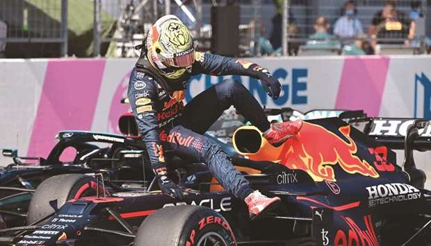 Red Bullu2019s Dutch driver Max Verstappen gets out of his car after claiming the pole position for the Styrian Grand Prix at the Red Bull Ring in Spielberg, Austria, yesterday. (AFP)