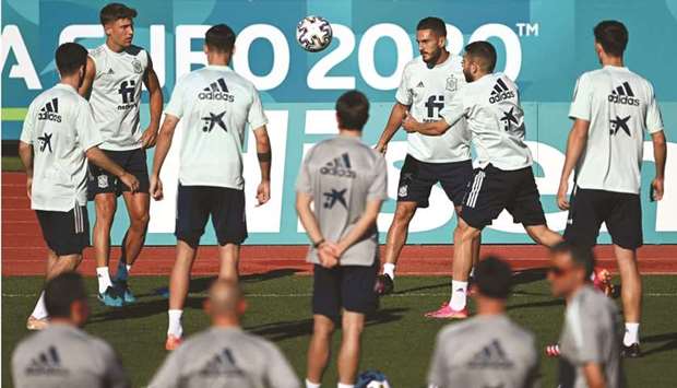 Spainu2019s players attend a training session at Ciudad del Futbol in Las Rozas de Madrid yesterday. (AFP)