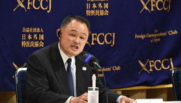 Yasuhiro Yamashita, President of the Japanese Olympic Committee, speaks during a press conference at the Foreign Correspondents' Club of Japan in Tokyo