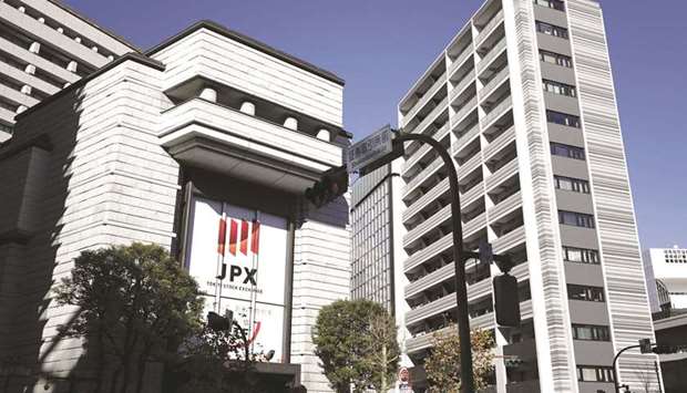 An external view of the Tokyo Stock Exchange building. The Nikkei 225 closed down 0.1% to 29,048.02 points yesterday.