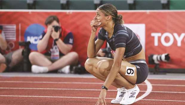 Sydney McLaughlin reacts after breaking the womenu2019s 400m hurdles world-record at the 2020 US Olympic Track & Field Team Trials at Hayward Field in Eugene,  Oregon. (Getty Images/AFP)