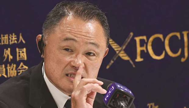 Japanese Olympic Committee president Yasuhiro Yamashita speaks during a press conference at the Foreign Correspondentsu2019 Club of Japan in Tokyo yesterday. (AFP)