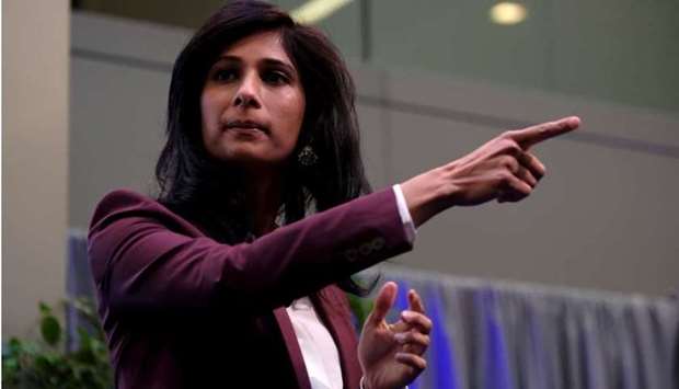 International Monetary Fund Chief Economist Gita Gopinath takes questions at the annual meetings of the IMF and World Bank in Washington, US, October 18, 2019. REUTERS/