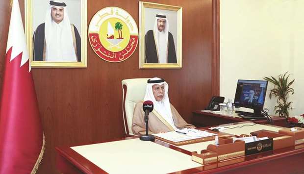 HE the Speaker of the Shura Council Ahmed bin Abdullah bin Zaid al-Mahmoud speaking at the meeting via videoconferencing.