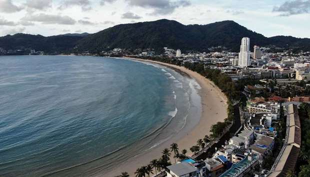 This aerial photo shows an empty Patong Beach in Phuket, Thailand