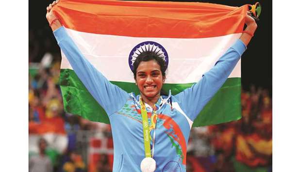 PV Sindhu poses after winning the silver medal at the Rio de Janeiro Olympics in 2016.