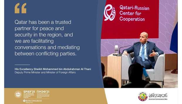 HE the Deputy Prime Minister and Minister of Foreign Affairs Sheikh Mohamed bin Abdulrahman al-Thani at the discussion during SPIEF yesterday in Russia.