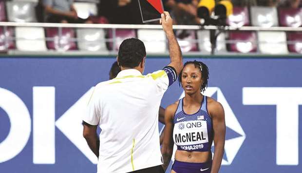 In this October 5, 2019, picture, Brianna McNeal of the US is disqualified during the womenu2019s 100m hurdles heats at the 2019 World Athletics Championships at the Khalifa International Stadium in Doha. (AFP)