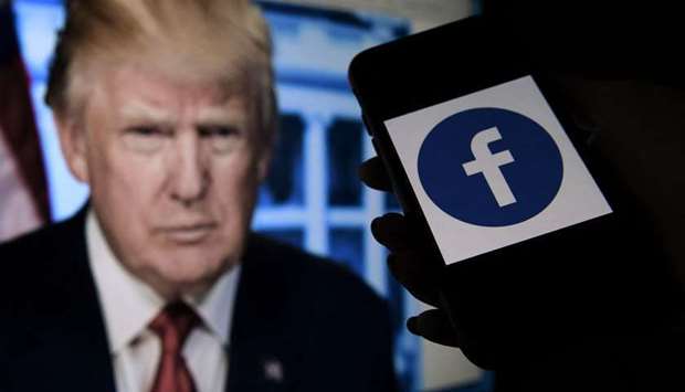 A Facebook logo with the official portrait of former US President Donald Trump on the background