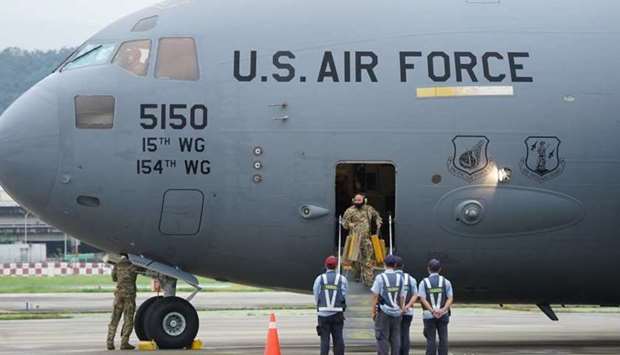 A US Air Force C-17 Globemaster III carrying US Senators Tammy Duckworth (D-IL), Dan Sullivan (R-AK) and Chris Coons (D-DE) arrives at Taipei Songshan Airport in Taipei, Taiwan. Central News Agency/Pool via REUTERS