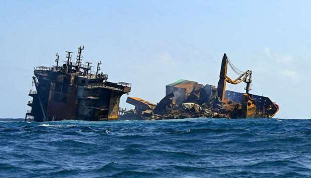 Container ship MV X-Press Pearl sinks after burning for almost two weeks outside Colombo's harbour on June 2. AFP
