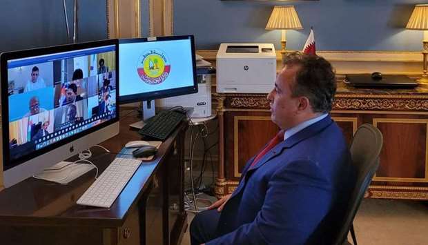 HE the Ambassador of Qatar to the French Republic and Qatar's representative to the International Organization of La Francophonie Sheikh Ali bin Jassim Al-Thani participates in the session via videoconferencing