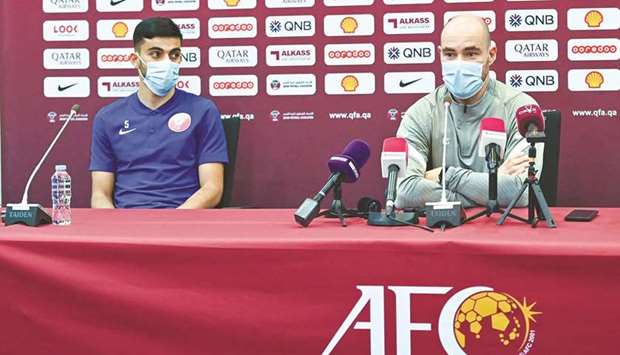 Qatar head coach Felix Sanchez (right) addresses the media ahead of their FIFA World Cup Qatar 2022 and AFC Asian Cup China 2023 Qualifiers match against Oman on Sunday.