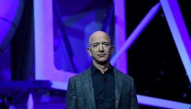 Founder, Chairman, CEO and President of Amazon Jeff Bezos unveils his space company Blue Origin's space exploration lunar lander rocket called Blue Moon during an unveiling event in Washington on May 9, 2019. REUTERS