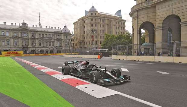Mercedesu2019 British driver Lewis Hamilton steers his car during the Formula One Azerbaijan Grand Prix at the Baku City Circuit in Baku. (AFP)