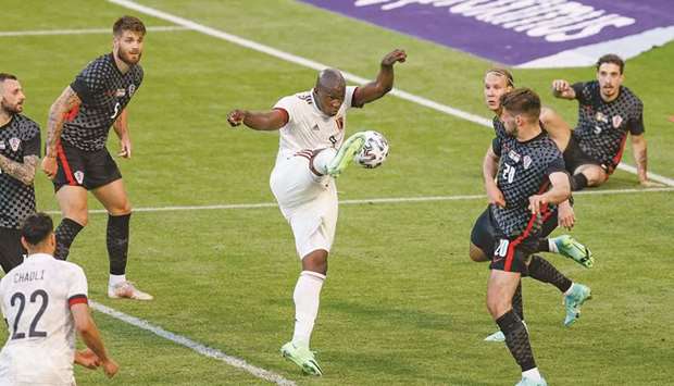 Belgiumu2019s Romelu Lukaku scores during a friendly match against Croatia in Brussels on Sunday. (AFP)