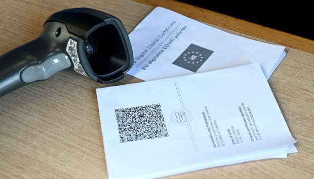 A photo shows a QR code scanner and a Covid certificate in the police station at the Bregana border, Croatia  