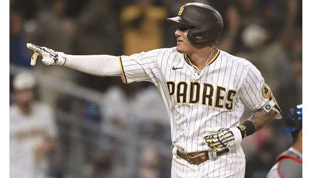 San Diego Padres third baseman Manny Machado gestures after hitting a home run against the Chicago Cubs during the eighth inning at Petco Park. (USA TODAY Sports)