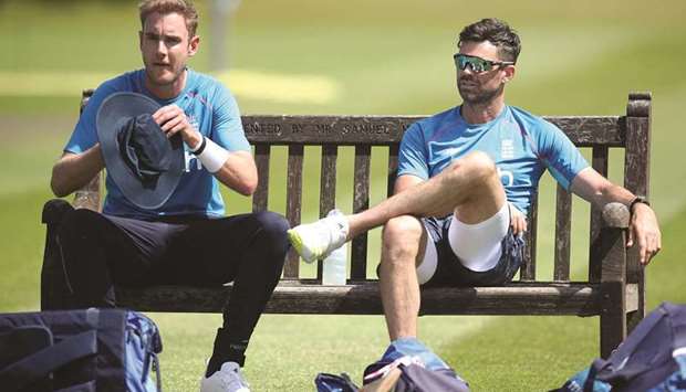 Englandu2019s Stuart Broad (left) and James Anderson during a practice session in Birmingham yesterday. (Reuters)